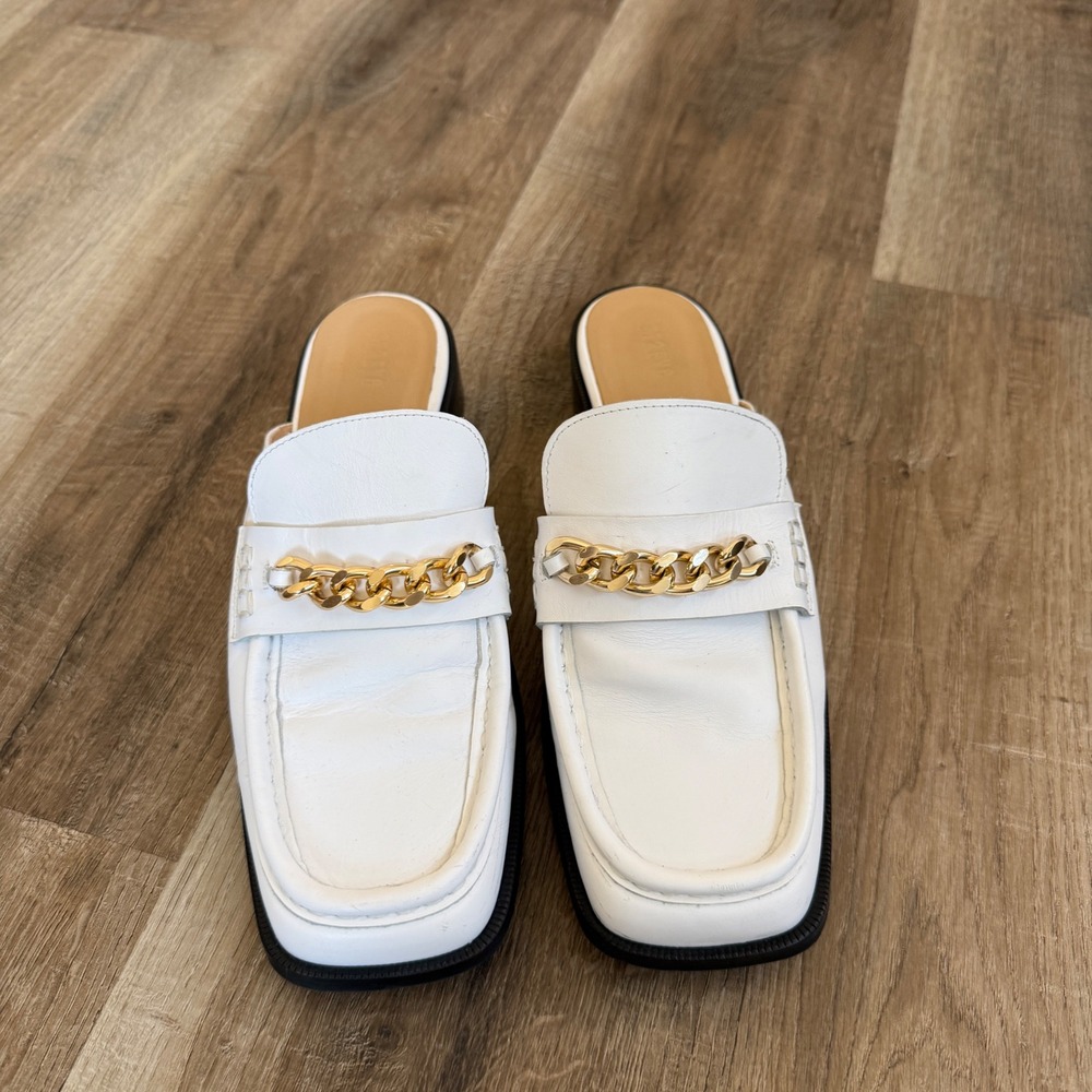 Maeve Anthropologie White Leather Chain Mule Loafers Square Toe Slides 40 US 9 - Picture 2 of 8